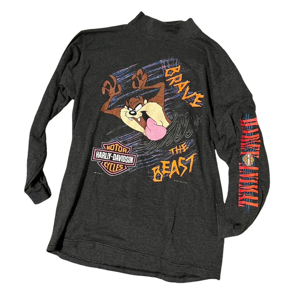 Vintage‎ Harley Davidson Taz "Brave the Beast" Long Sleeve Mock Neck Shirt